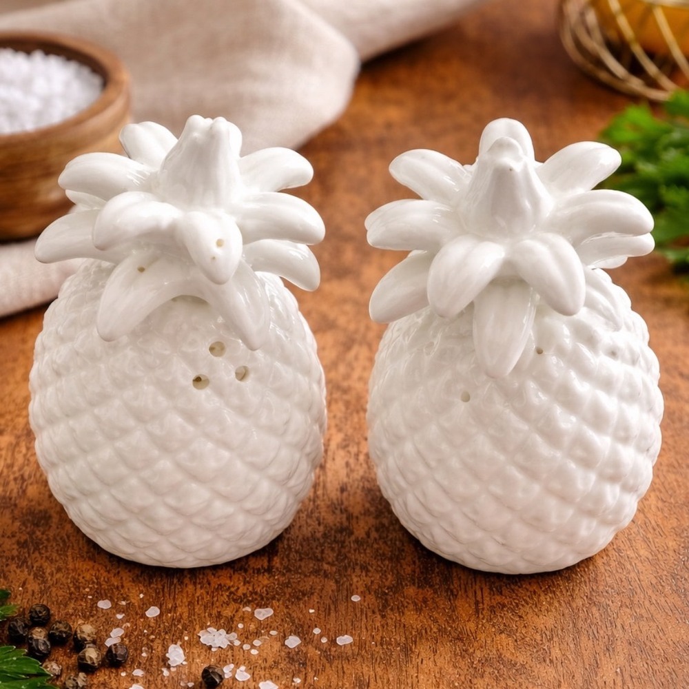 Ceramic‎ Pineapple Salt Pepper Shakers White 2.75" Set Tropical Decor